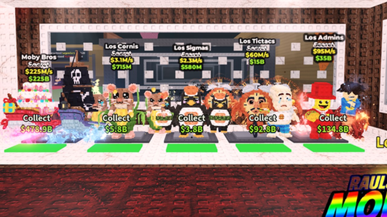 Raul Modded Roblox base showing Secret brainrots Moby Bros, Los Cornis, Los Sigmas, Los Tictacs, and Los Admins on collect pads